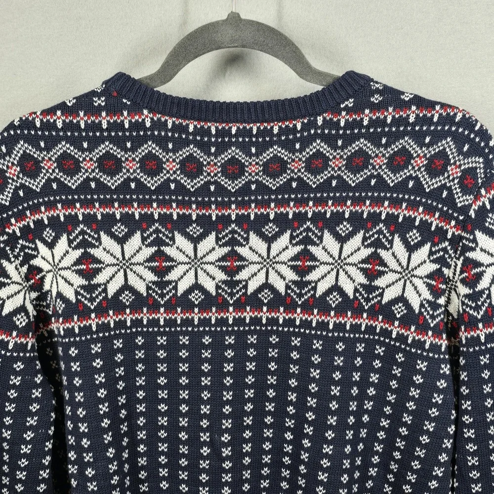 J Crew Sweater Mens Large Navy‎ White Fair Isle Snowflake Knit Pullover